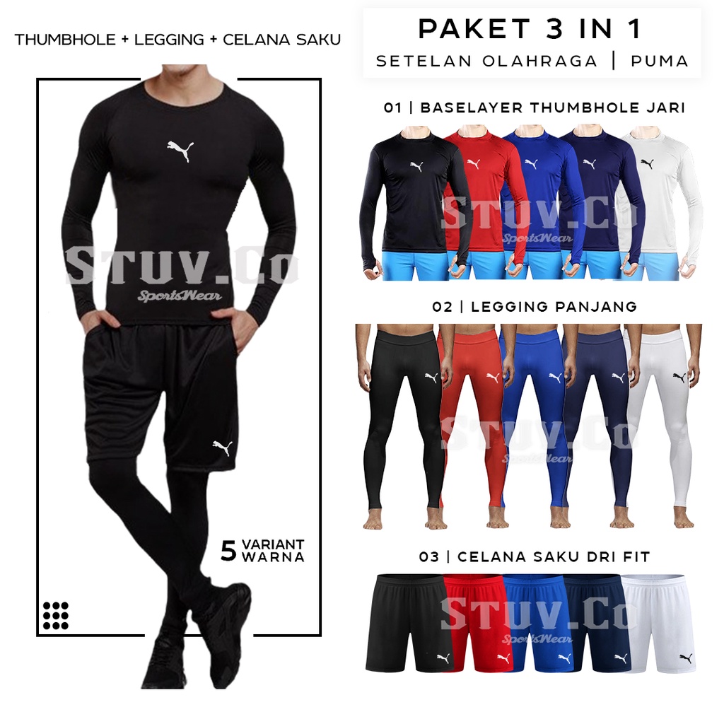 PAKET 3IN1 STELAN MANSET BASELAYER THUMBHOLE LEGGING PANJANG DAN CELANA SAKU DRIFIT OLAHRAGA UNISEX 5 WARNA