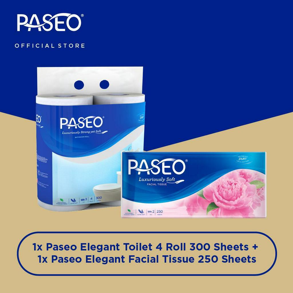 Paseo Elegant Tissue Wajah 250 Sheets + Paseo Elegant Tissue Toilet Non Emboss 300 Sheets x 4 Roll
