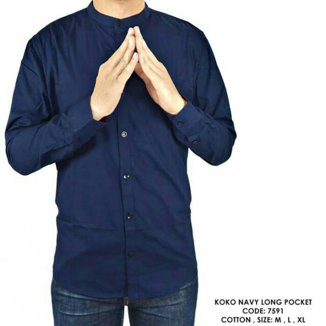 Baju Kemeja panjang kerah koko polos polosan biru dongker cowok pria