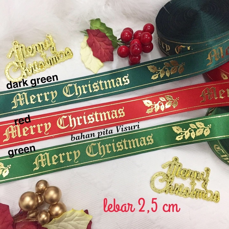 Pita Natal Merry Christmas Sablon Gold Satin 2,5 cm per yard(90cm)