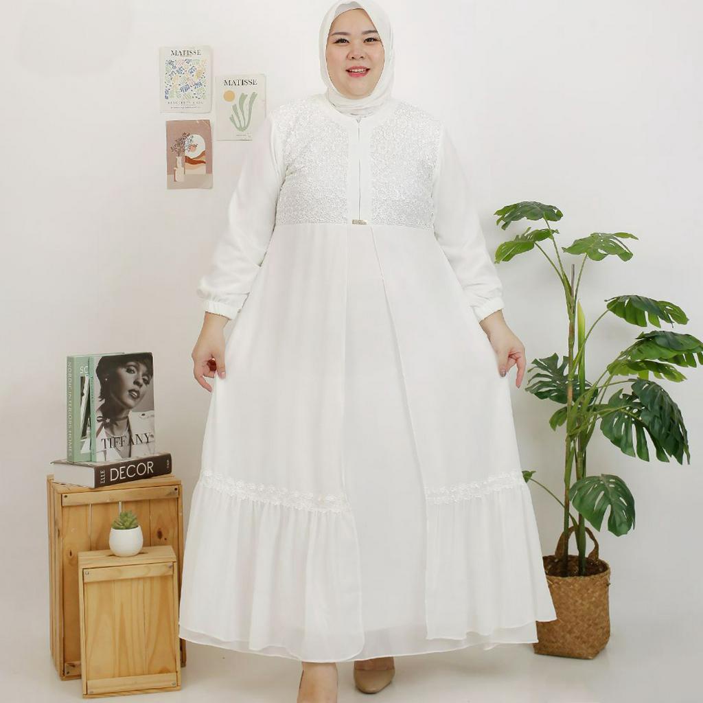 KKUM OFFICIAL Gamis Putih SUPER JUMBO Baju Lebaran Umroh Haji Busana Muslim Hijab Dress Brukat AGNES Wanita Terbaru