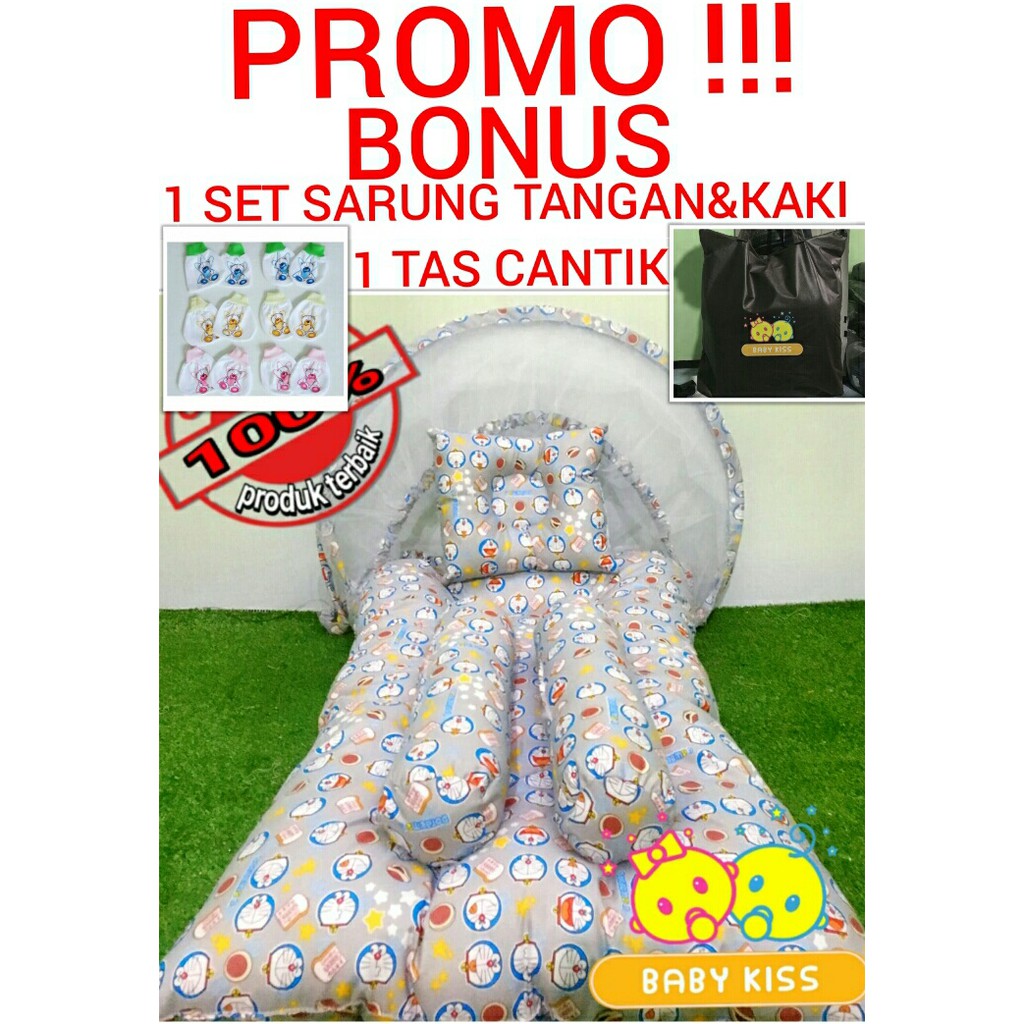 Kasur Bayi Kelambu Lipat Set Anti Nyamuk |  Kasur Bayi Lipat  Kelambu Motif  Doraemon Grey Murah New