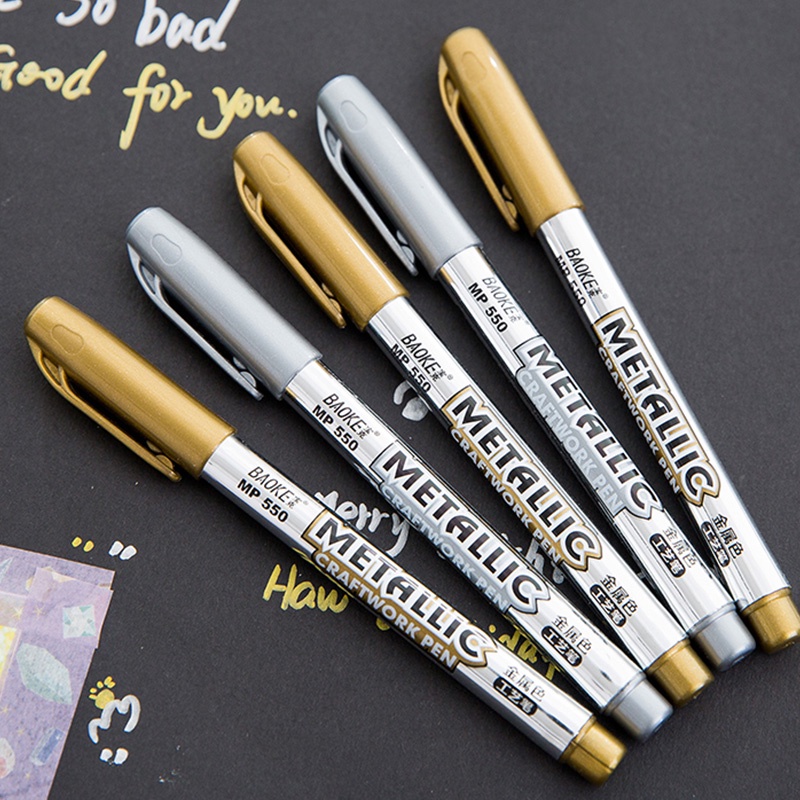 Baoke. Buku Literatur Bahasa Mandarin Pen Brush Tinta Minyak Metalik Kreatif 1.5mm Warna Emas / Silver