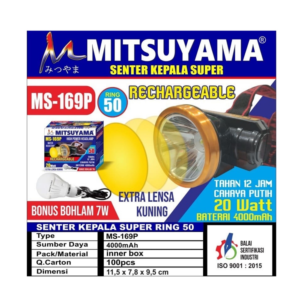 Senter Kepala Mitsuyama MS-169P Extra Lensa Kuning - Mitsuyama Headlamp - Senter Kepala - Senter - Senter Kepala Camping - FREE Bohlam 7Watt