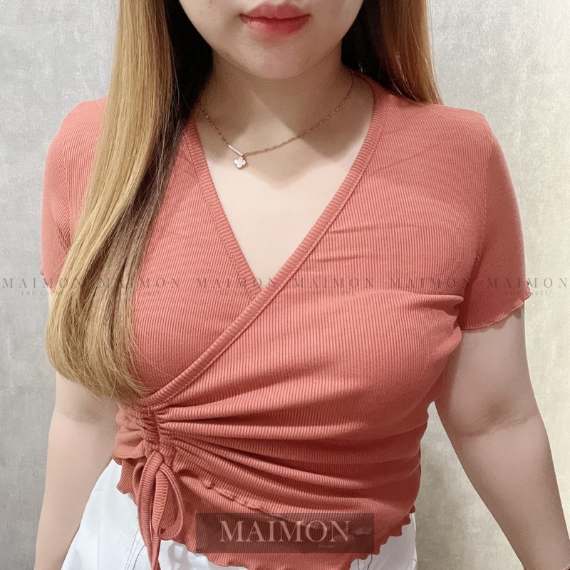 Rib Drawstring Vneck Top | Atasan Serut Samping Korean Fashion | Maimon Grosir