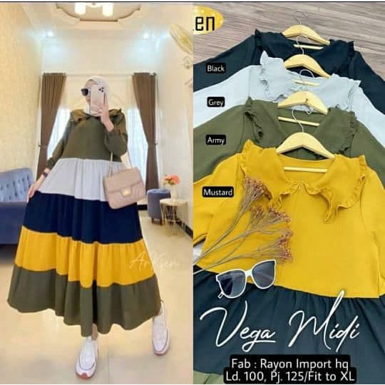 Gamis Vega Midi - Gamis Terbaru Rayon Premium Dress Wanita Pelangi Lengan Karet Maxi Dress Kekinian LD 110 cm