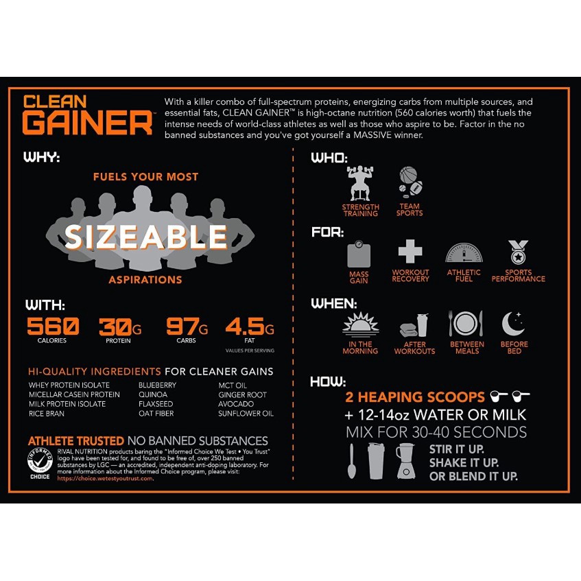 Mass Gainer Rival Nutrition Clean Gainer 12 lbs High Protein Gain 12Lbs