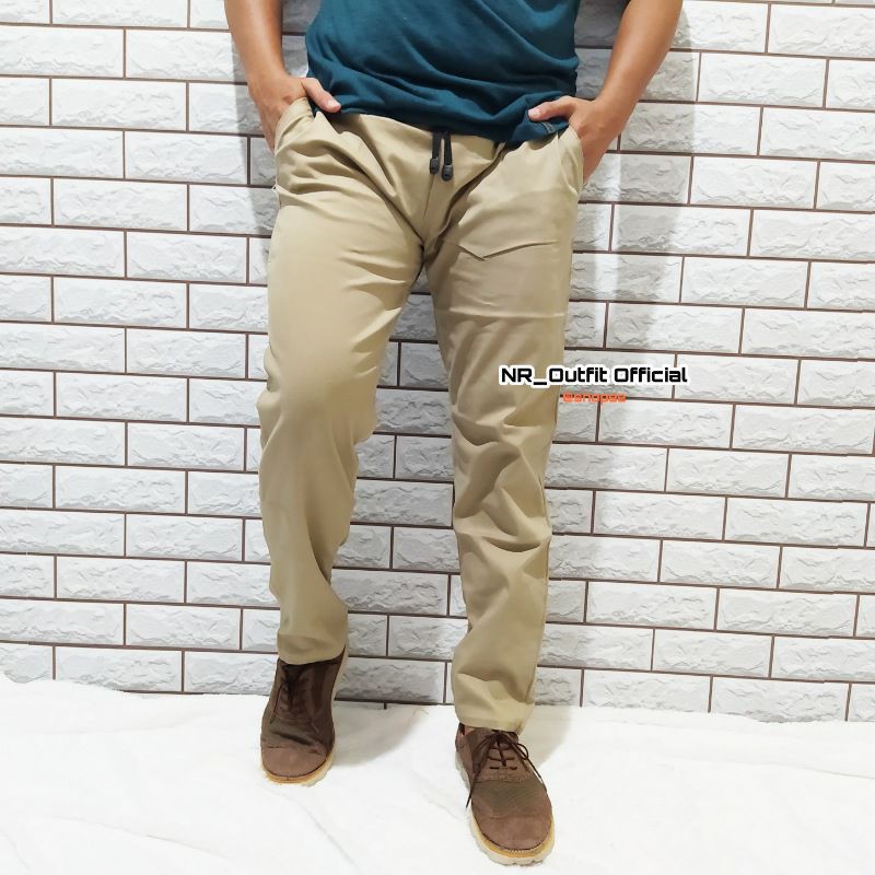 Celana Chino Pinggang Karet Rip Panjang Pria Kolor Panjang Polos Bahan Cotton Combed Diamond