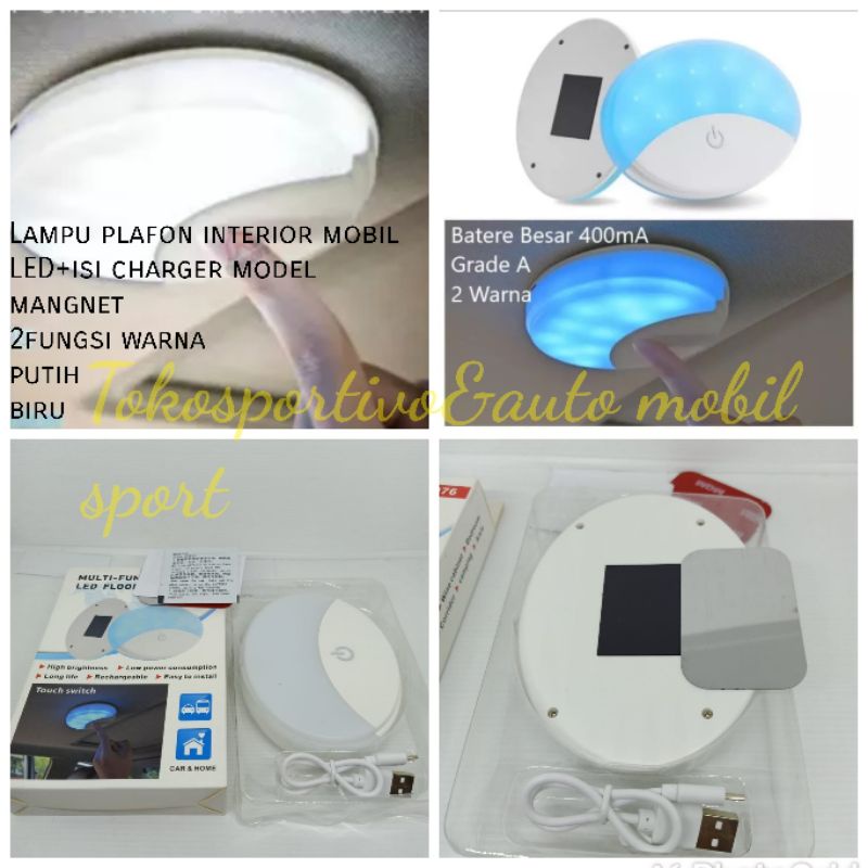 Lampu LED  plafon interior mobil bulat magnet+baterai charger 2warna putih biru plafon LED mobil