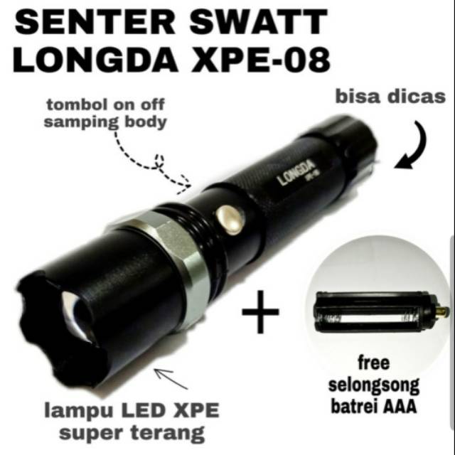 Senter Swatt Led Putih XPE 08 3mode Longda Super Terang