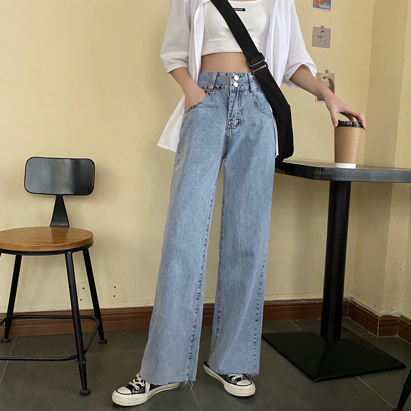 Celana Jeans Wanita High Waist Straight Pants Korean Style Celana Panjang