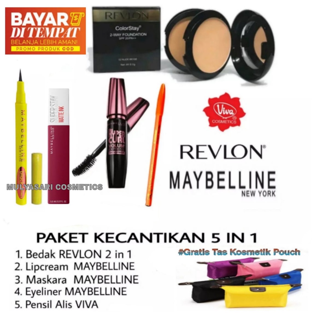 [ Promo ] Paket Make Up Lengkap Maybelline 5in1 Bedak Revlon 2 in 1