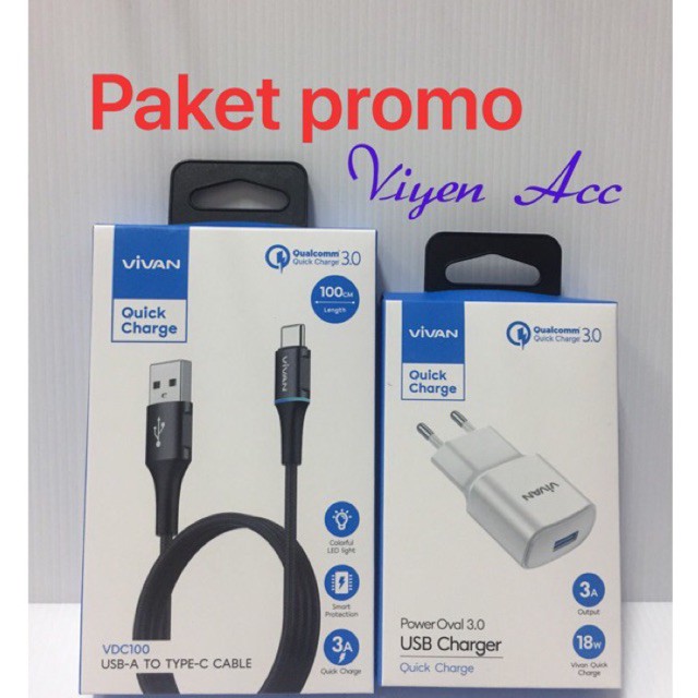 Vivan charger type c 3A LED samsung note9 s8/9 fast charging ori100%