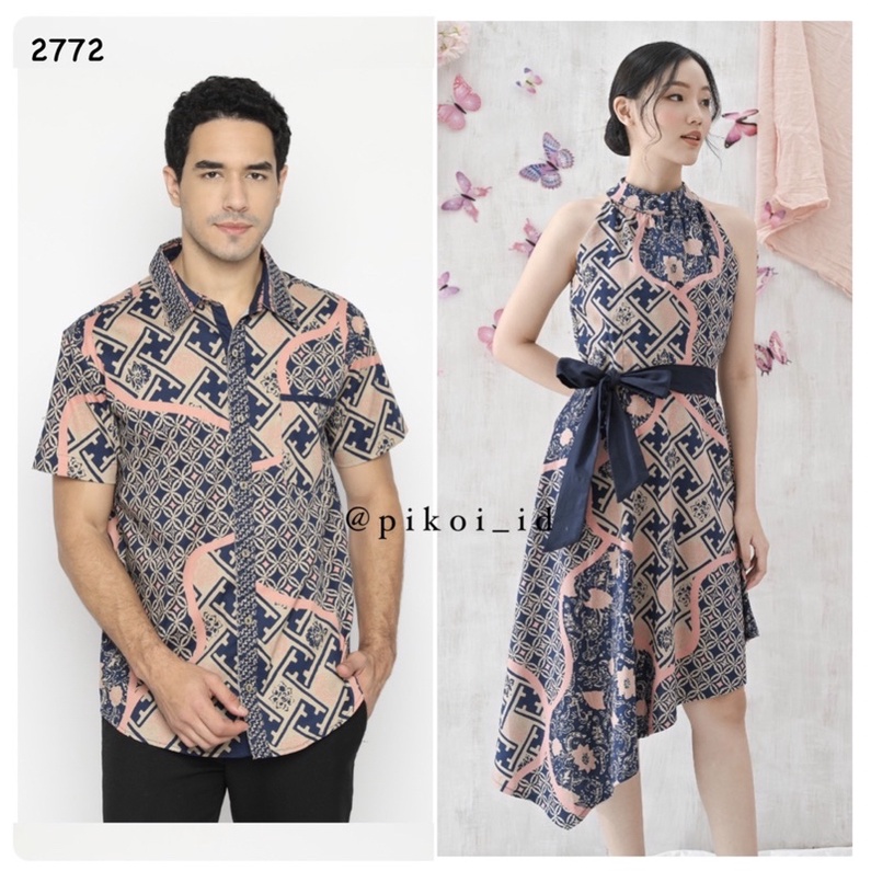 Dress batik couple / baju batik couple seragam keluarga / seragam kantor batik modern NAVYPINK 2772