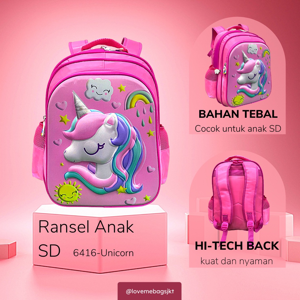 LMB Tas Anak Sekolah Perempuan SD Import Gambar Karakter Unicorn Ukuran Besar Timbul 6D Tebal dan Kuat Viral Bahan Nilon Premium