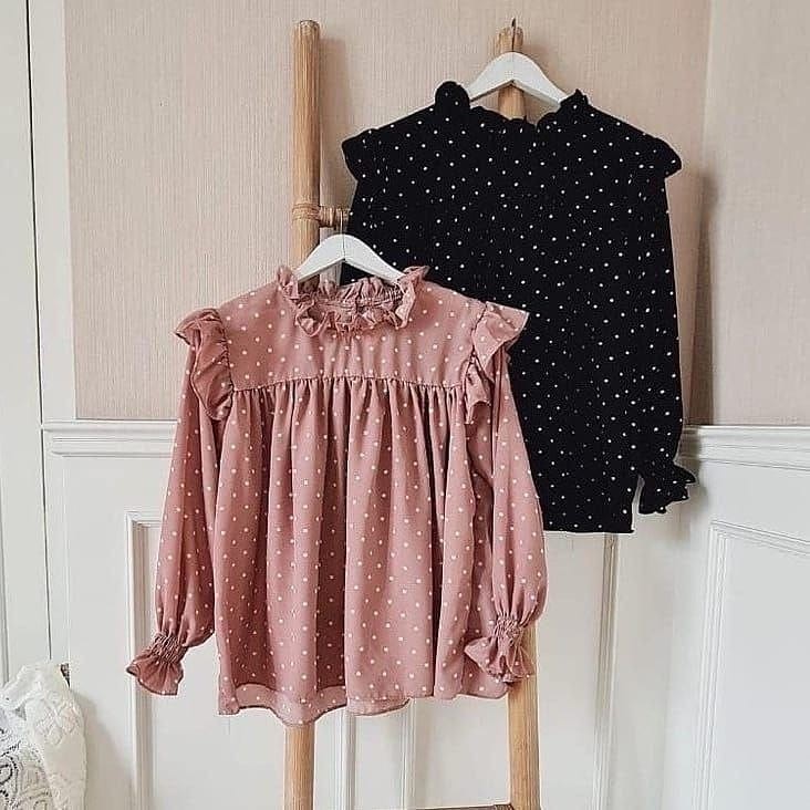 BLOUSE WANITA GLADYS BLOUSE BAHAN MONALISA POLKA BLOUSE WANITA KOREAN STYLE BAJU ATASAN WANITA LENGAN PANJANG BLOUSE WANITA TERBARU 2023 KEKINIAN