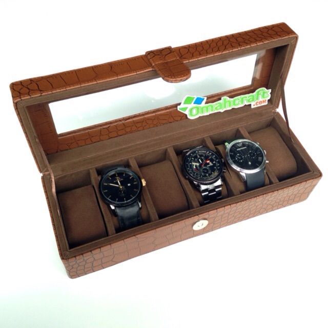 Box Jam Tangan isi 6 Motif CROCO COKELAT / Kotak Jam Tangan dan Arloji