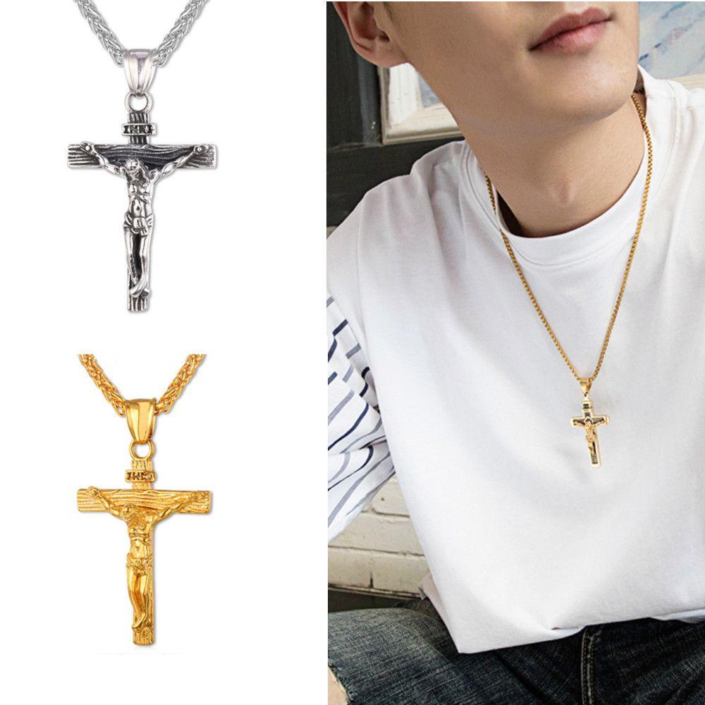 Lily Kalung Liontin Salib Pria Wanita Warna Emas Retro Christian Jewelry