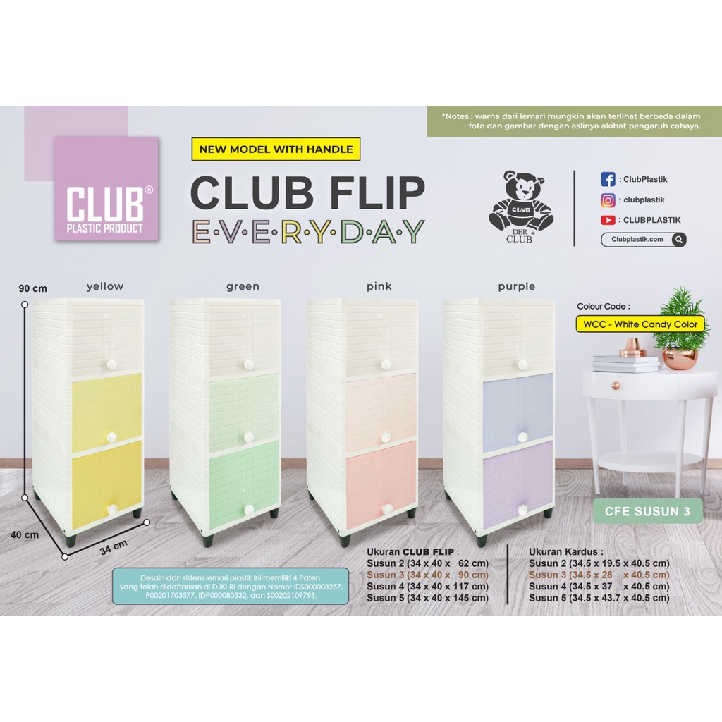 Club Flip Everyday White Candy Color Purple Tier 3 (CFE WCC) - Lemari Plastik Pintu Geser - Lemari Laci Plastik Minimalis - Lemari Penyimpanan Serbaguna - Laci Penyimpanan Serbaguna - Lemari Plastik Multifungsi - Lemari Laci Plastik Club - CFE WCC 3