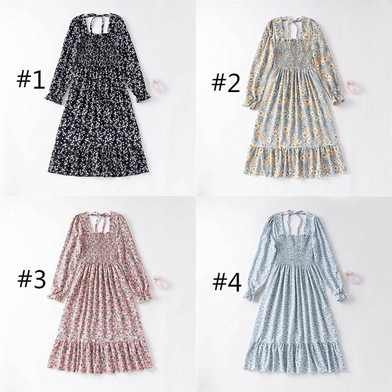gaun smocked lengan panjang kasual dengan dress boho floral tie back