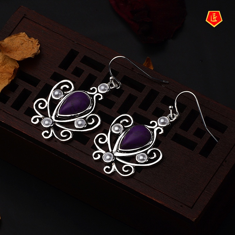 [Ready Stock]Retro 925 Silver Inlaid Charoite Earrings