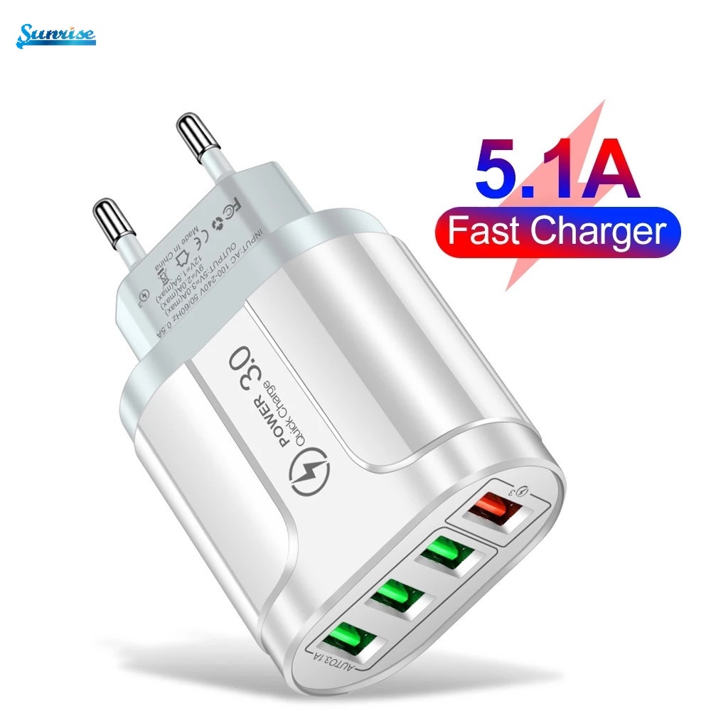 Adapter Charger Dinding 4 Port USB QC 3.0 Fast Charging Plug EU / US Portable Untuk Android / Travel