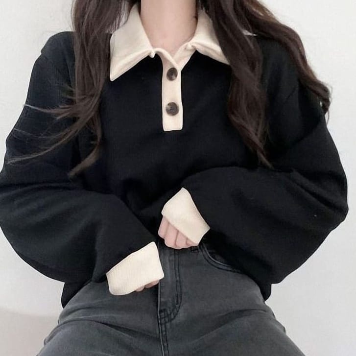 Sweater Wanita Collar Girl - Korean Style Colar Sweatshirt - Sweater Kerah Dengan Kancing Polos - Button Jane Fashion - Allsize - Bahan Fleece