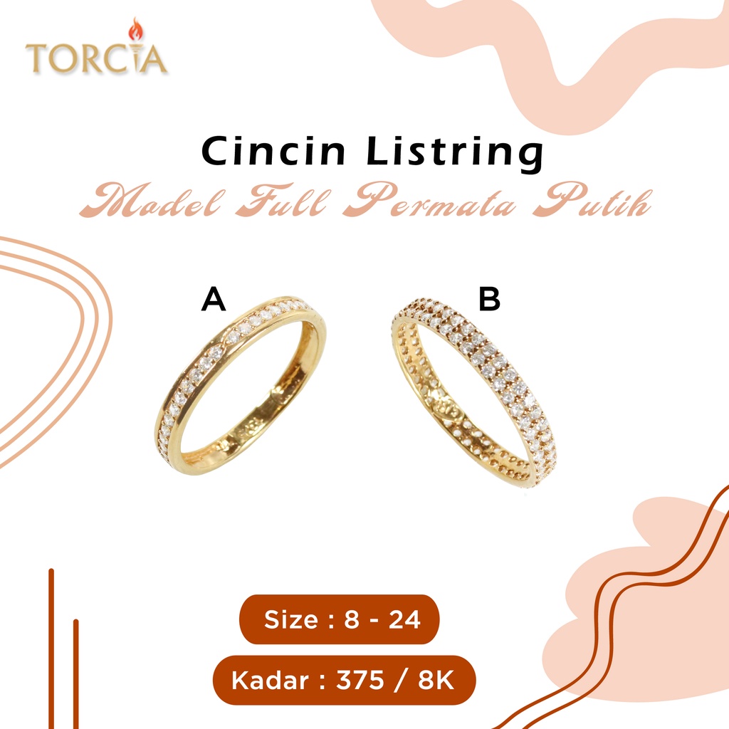 Cincin Emas Asli Listring Model Full Permata Putih Kadar 375 Torcia
