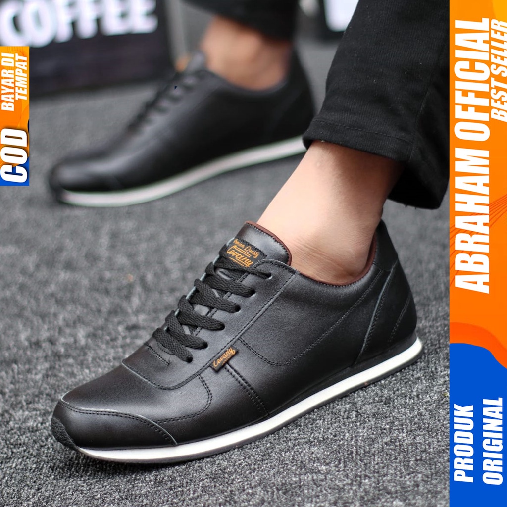 Sepatu Kulit Asli Sneakers Hitam Kerja Santai Pria Abraham Morley