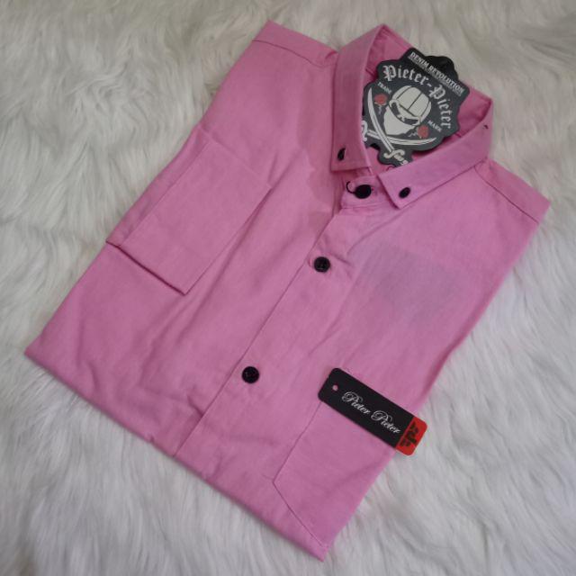 kemeja cowok polos lengan panjang slimfit hem pria kantor hitam navy putih maron army-Kemeja Panjang Pink