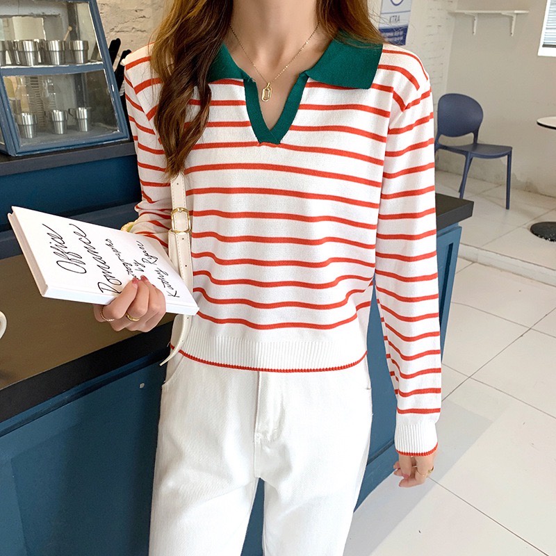 SEULGI atasan long sleeve polo korea rajut garis striped retro casual lengan panjang