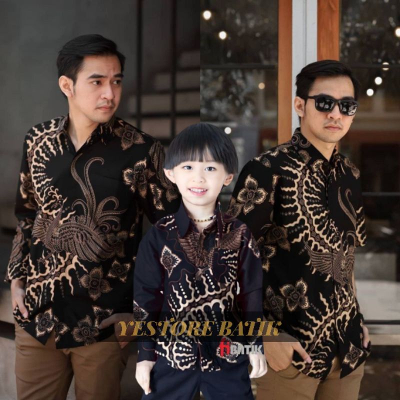 Baju Batik Couple Ayah dan Anak Laki-Laki Baju Batik Couple Kemeja Hem Batik Modern Terbaru Motif Klabang Hitam