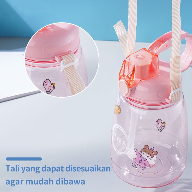 Letyeah &amp; Anantagt Botol minum anak dengan sedotan tali kapasitas besar transparan 1300ml free stiker