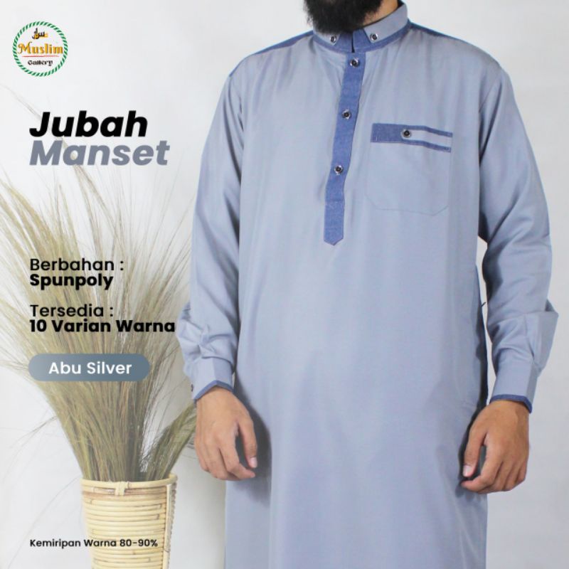 Baju Jubah Gamis Pria Lengan Panjang Model Saudi Bahan Katun Dengan Manset di Lengan-Abu Silver