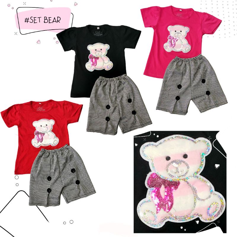 Setelan anak Perempuan aplikasi &quot;BEAR&quot; Size 1-5th bahan Ducati Katun Spandek Premium