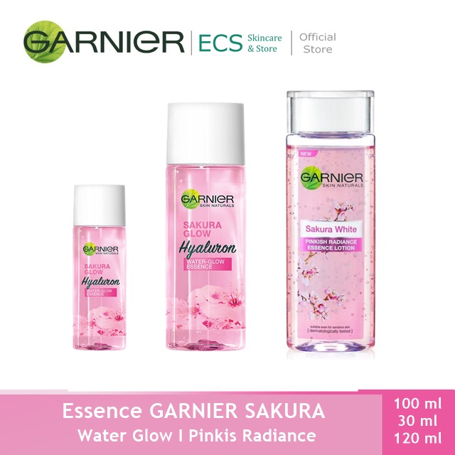 Garnier ESSENCE SAKURA Glow White Hyaluron WATER GLOW / PINKISH RADIANCE Essence Lotion - 100ml / 30ml - Skincare Kulit Glowing White - Ukuran Besar Kecil Hyaluronic Acid Garnier Pink Toner Hydrating Pinkis Esence Esens Essens Essen