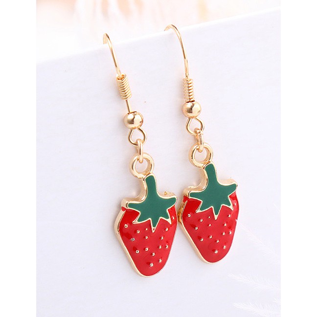 LRC Anting Gantung  Fashion Red+green Strawberry Shape Decorated Earrings