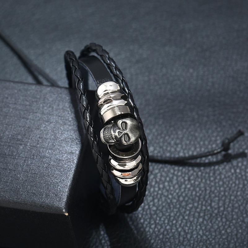Gelang Tangan Kulit Adjustable Motif Tengkorak Ala Punk / Vintage Untuk Pria