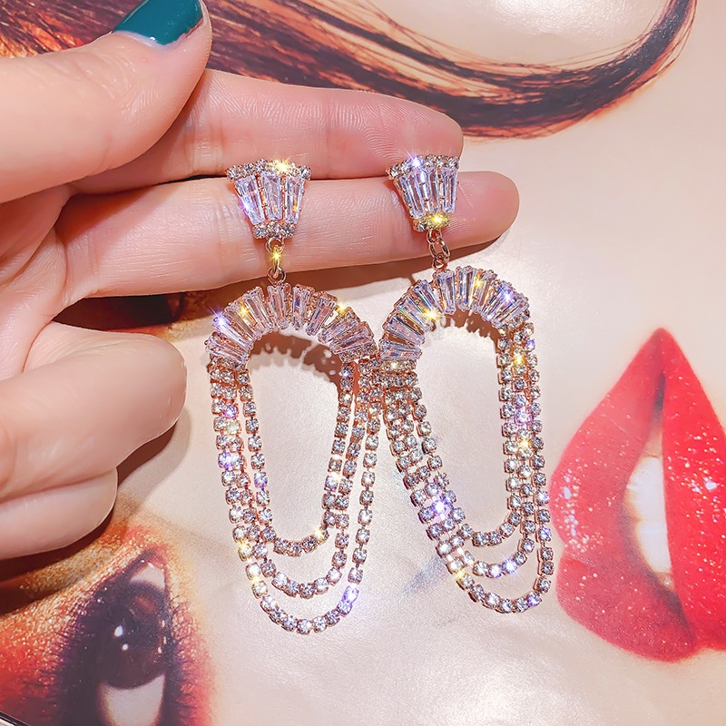 925 jarum perak berkilau mewah kristal bertatahkan berlian rumbai anting-anting wanita bermutu tingg