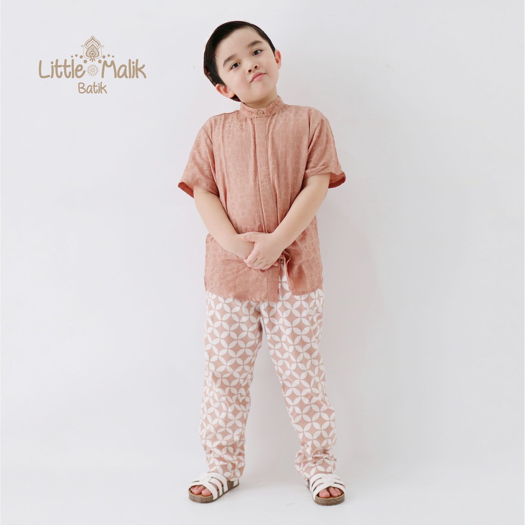 Setelan Kemeja Lengan Pendek Batik Koko Anak By Little Malik Batik, Garutan Dobby Coklat Cream