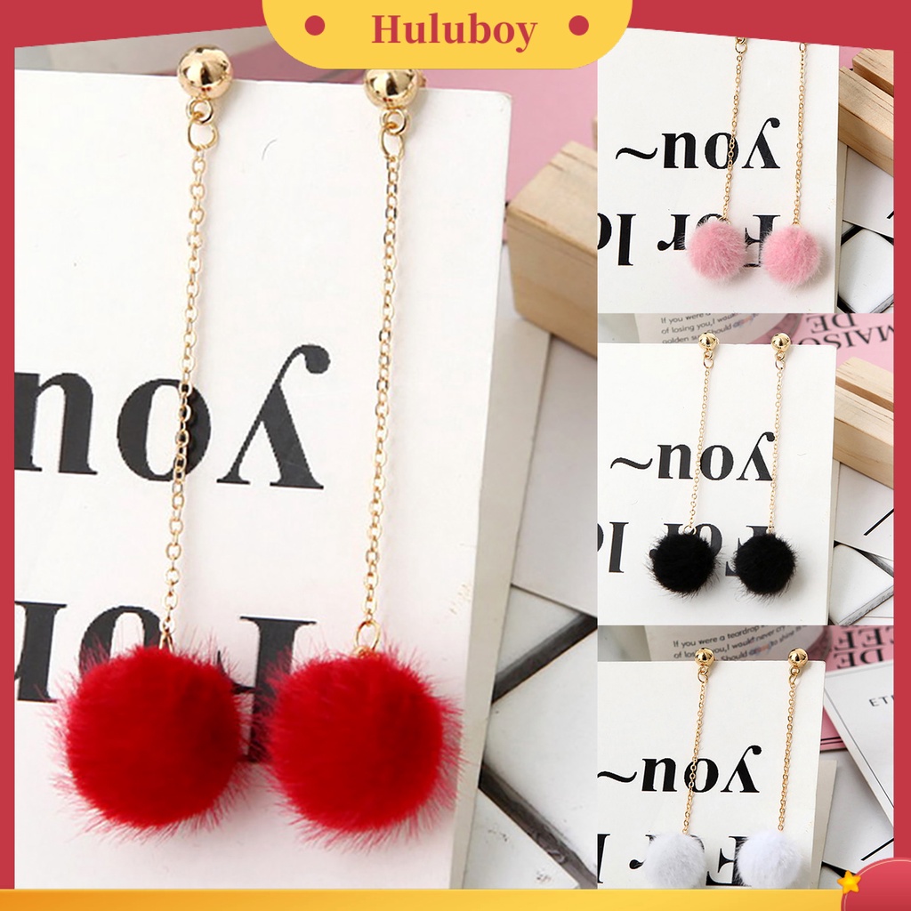 Hu Hu Hu Hu Hu Alat Bantu Pasang Kacamata♡ 1 Pasang Anting Panjang 5 Warna Aksen Bola Fluffy Untuk Wanita