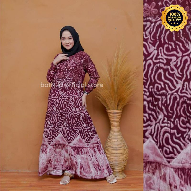 Gamis Twill Rayon Malaman Terbaru Kekinian Busui | Gamis Tiedye NEW-MD BUNGA MAROON