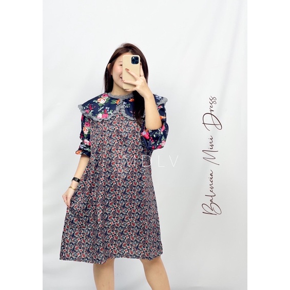 MDLV ~ 8940 Balencia Mini Dress Navy Floral Dress Mini premium Fashion Import