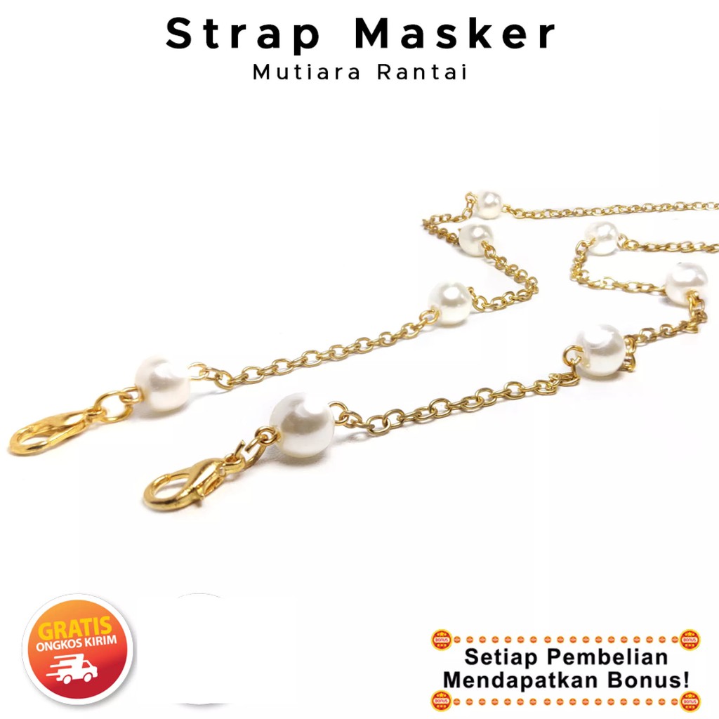 Strap Masker Rantai Mutiara Kalung Hijab Wanita Lucu Emas Korea Pengait Titanium Terbaru 2021