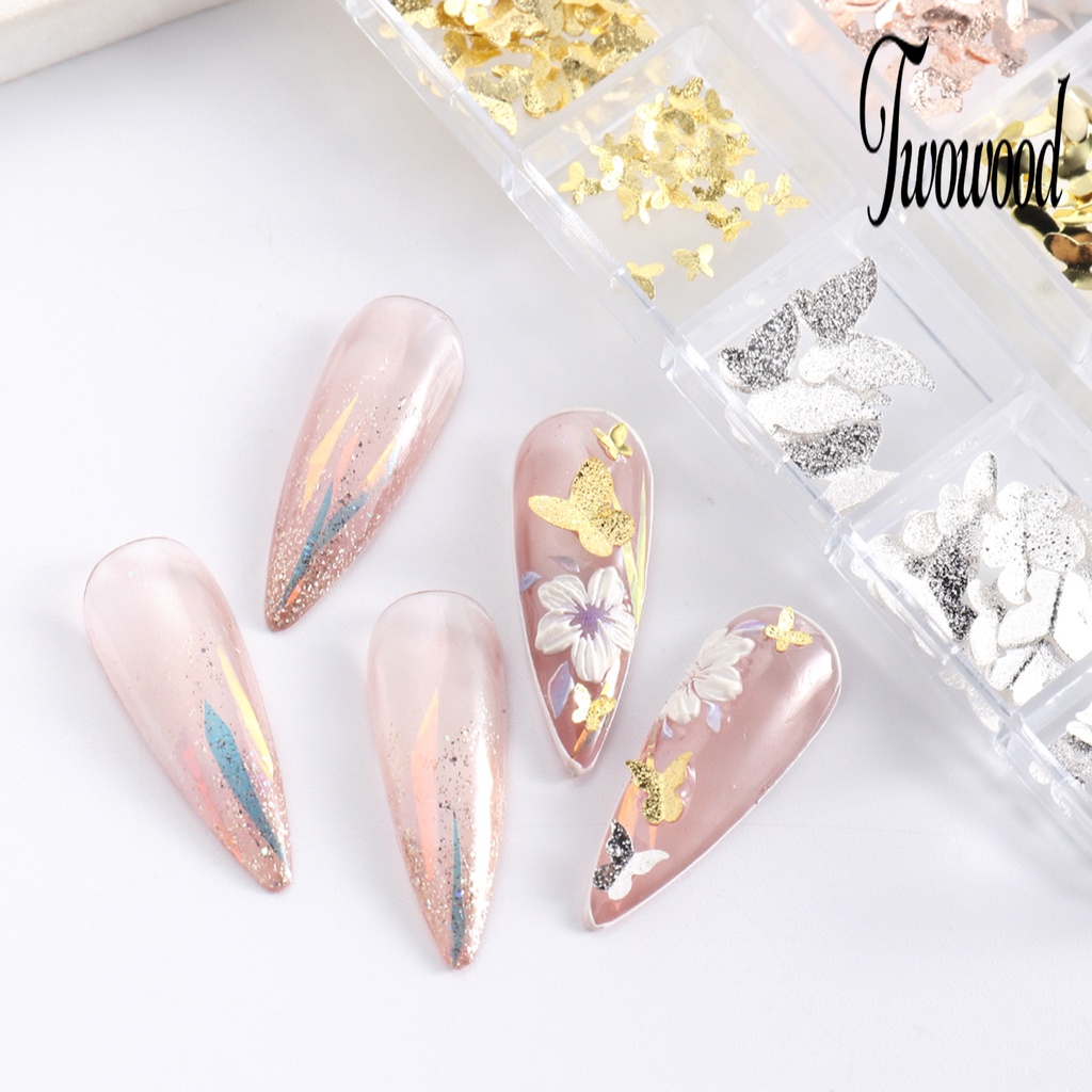 Twowood 1 Kotak Ornamen Kupu-Kupu Metal 3D Aksesoris Nail Art DIY Charms