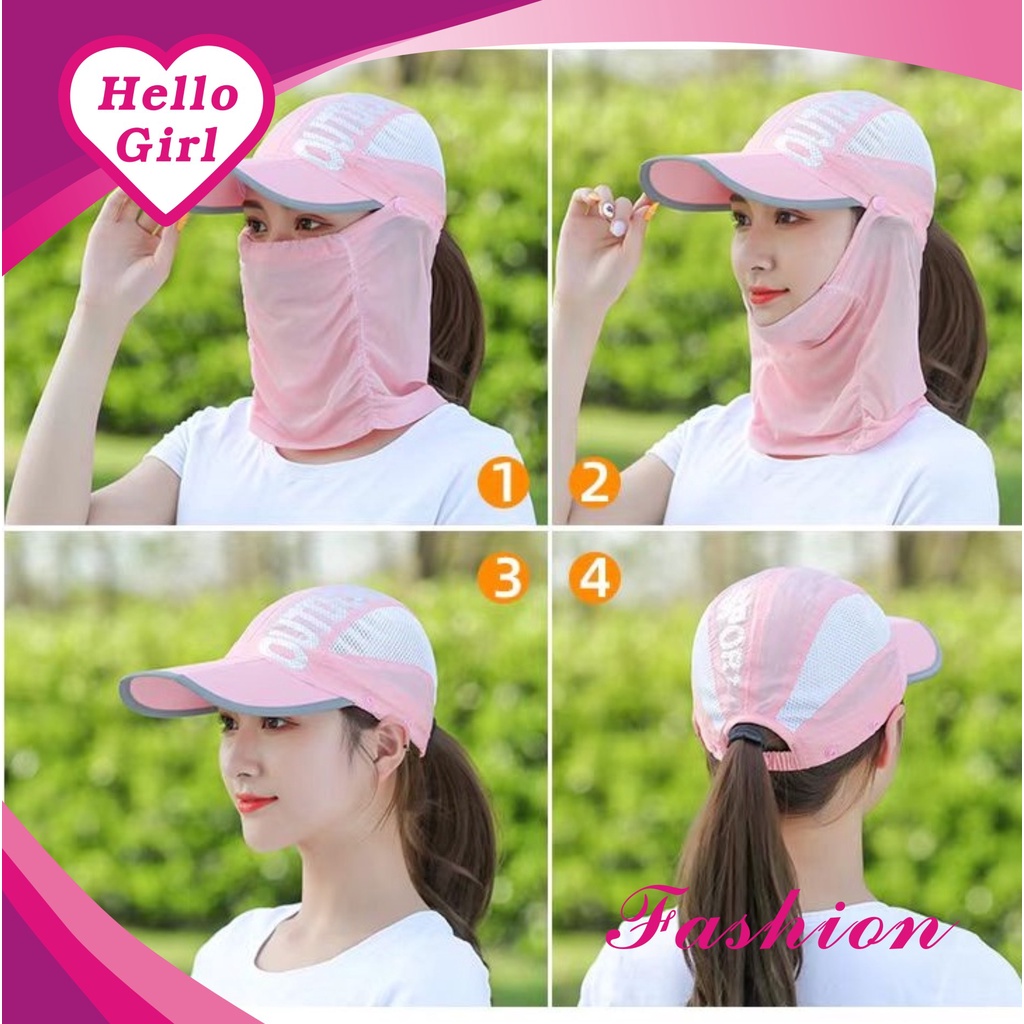 (Hello Girl)MZ18 Topi Matahari Wanita Dengan Penutup Wajah Dan Leher Model Lipat Untuk Outdoor import