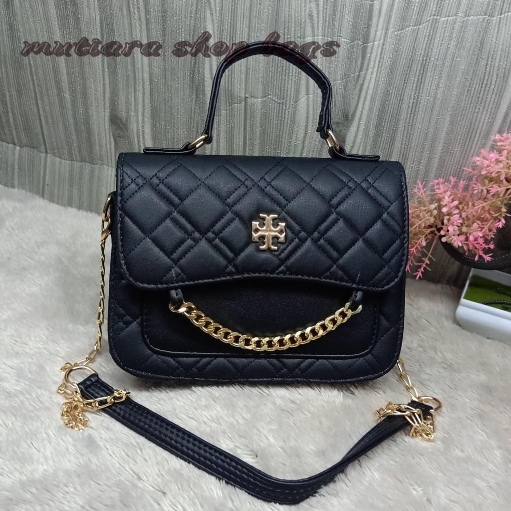 New Model!!! Tas Selempang Korea Black White  Bordir Torri2 Full Acc Import Tali Rantai Kombinasi