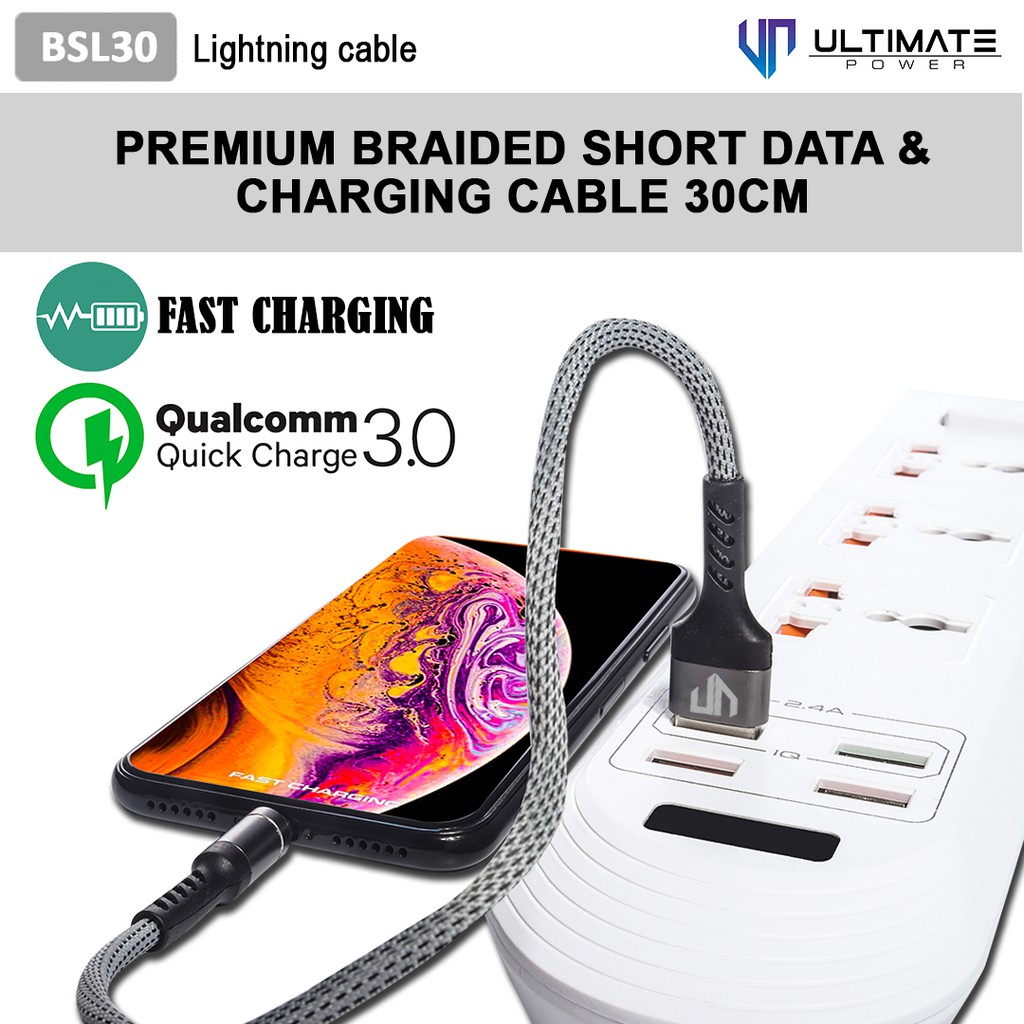 Data and Charging Cable 30CM Lightning Ultimate Power Premium Braided Kabel Ori