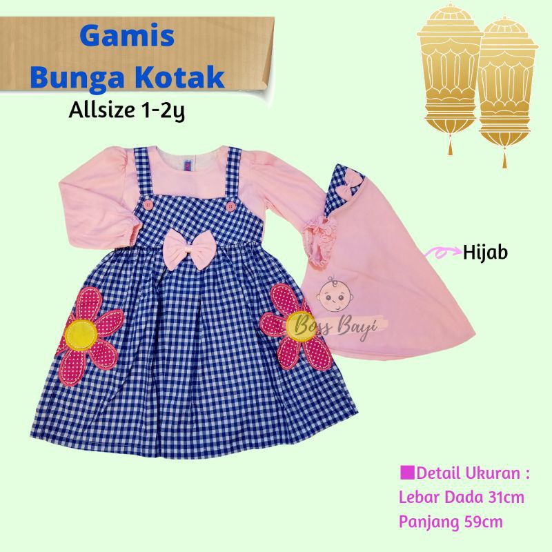 Gamis Hijab Anak Bunga Kotak Lucu Cantik / Dress Lebaran Anak
