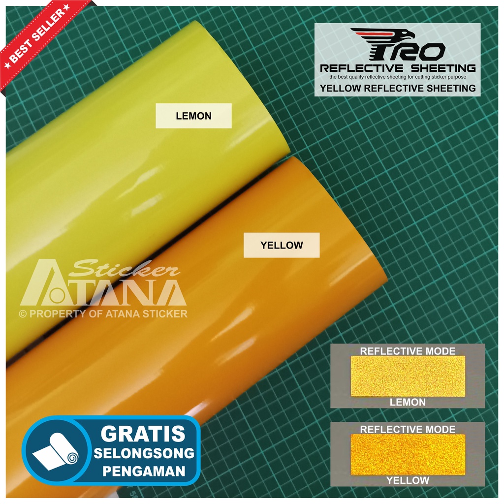 Bahan Stiker Cutting Kuning Pro Reflective Sheeting Skotlet Nyala Yellow Printing Sticker Material Scotchlite Scotlet Reflektif Sechotlite Memantulkan Cahaya Flash Malam Hari Mata Kucing Prolite 3M Oralite Seicholite Asahi Kiwalite Oracal Mesin Plotter